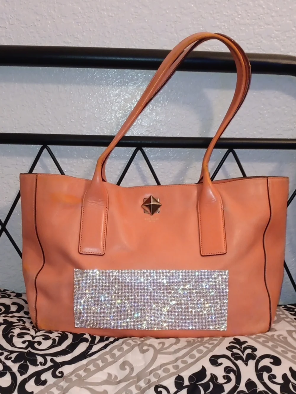 kate spade Coral Rhinestone Tote Discoloration/damaged. Please Check Photos.